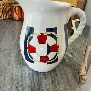 Nautical Themed White and Red Pitcher and Dessert Plates